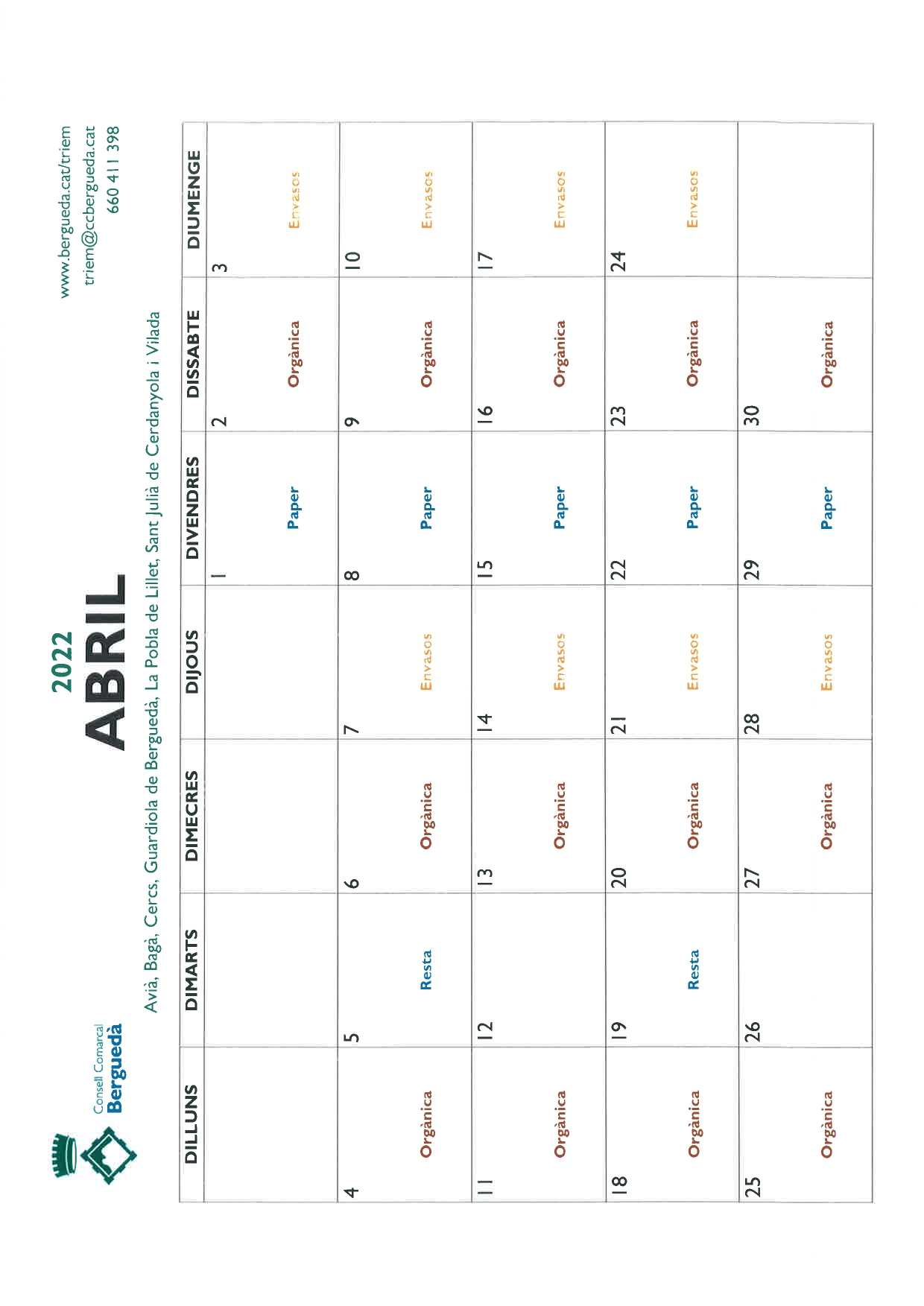 Calendari mes d'Abril 2022