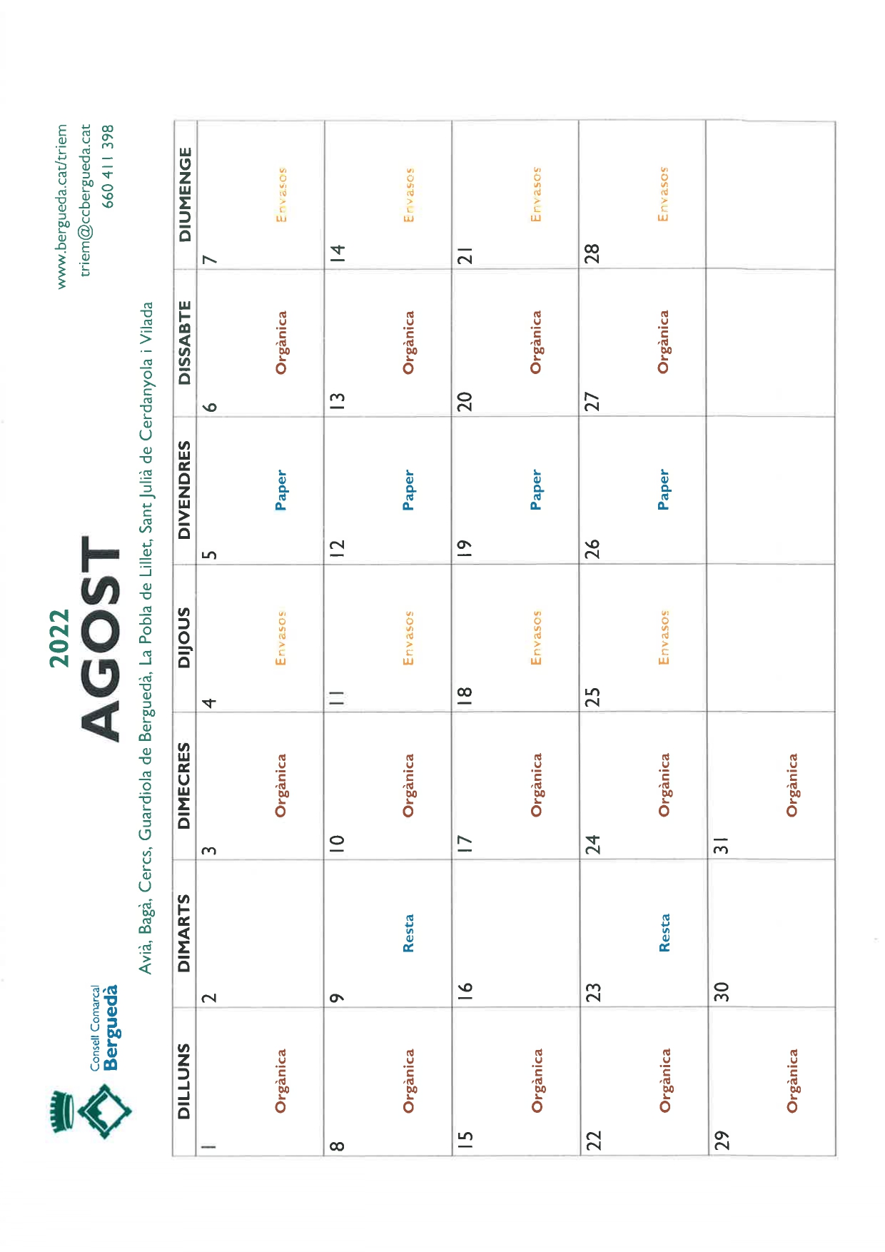 Calendari mes d'Agost 2022