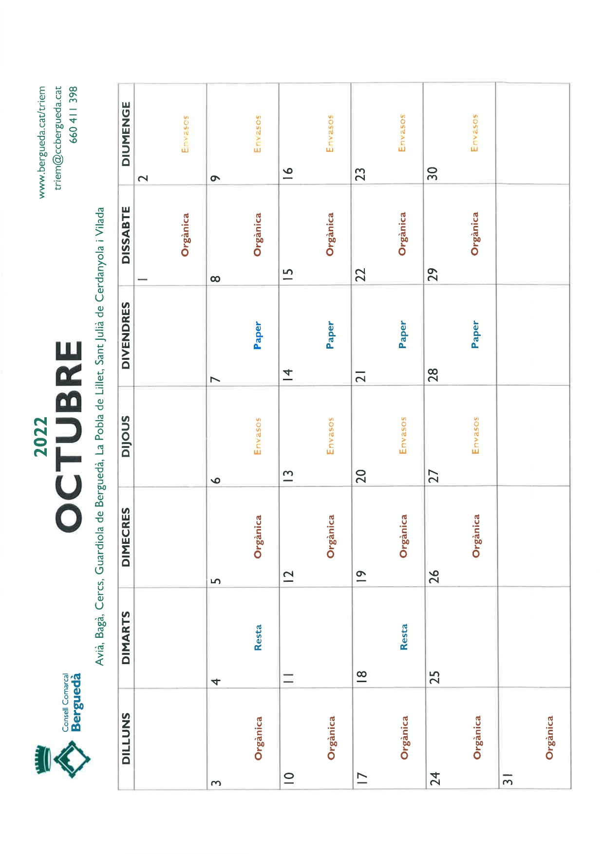 Calendari mes d'Octubre 2022