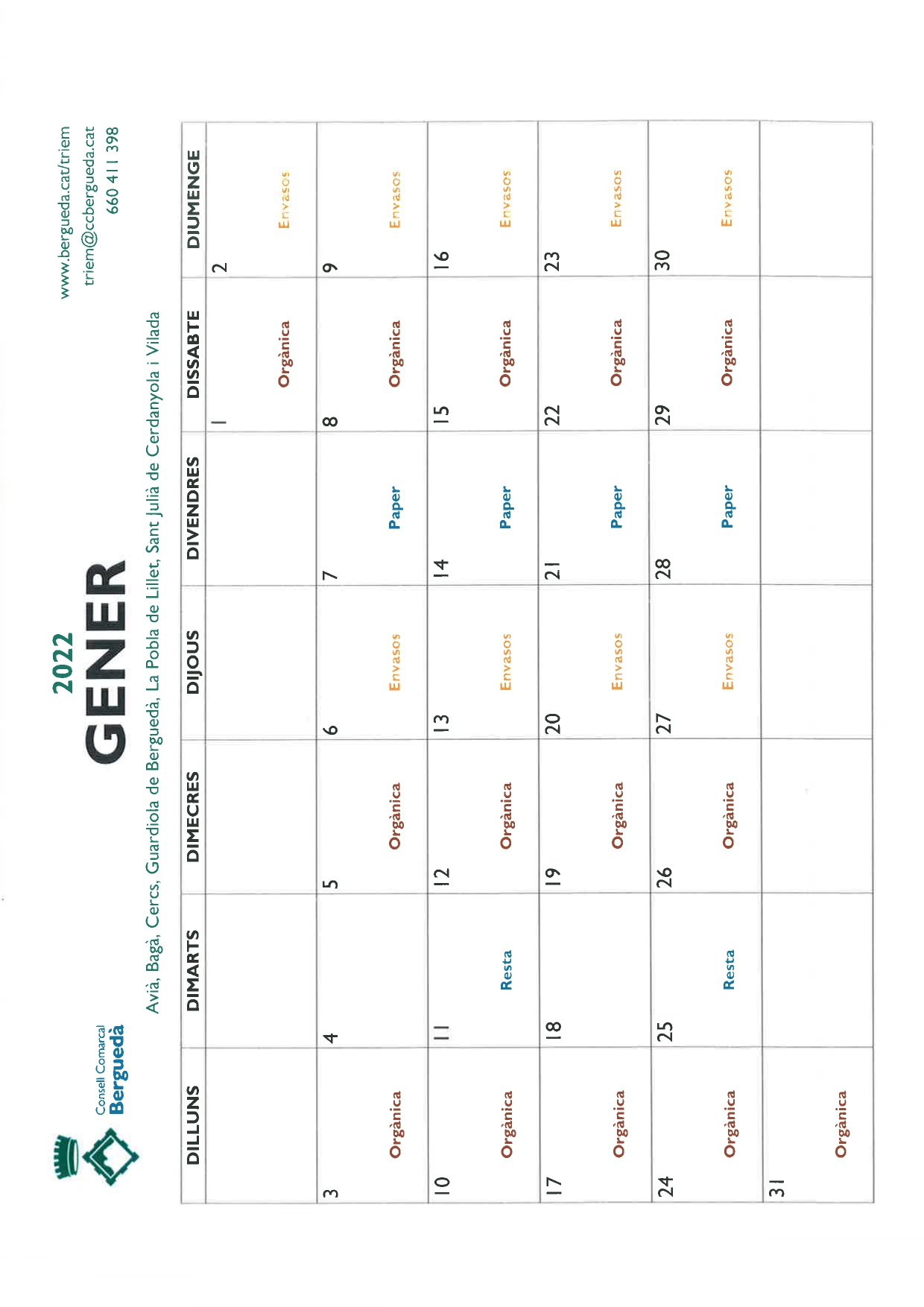 Calendari mes de Gener 2022