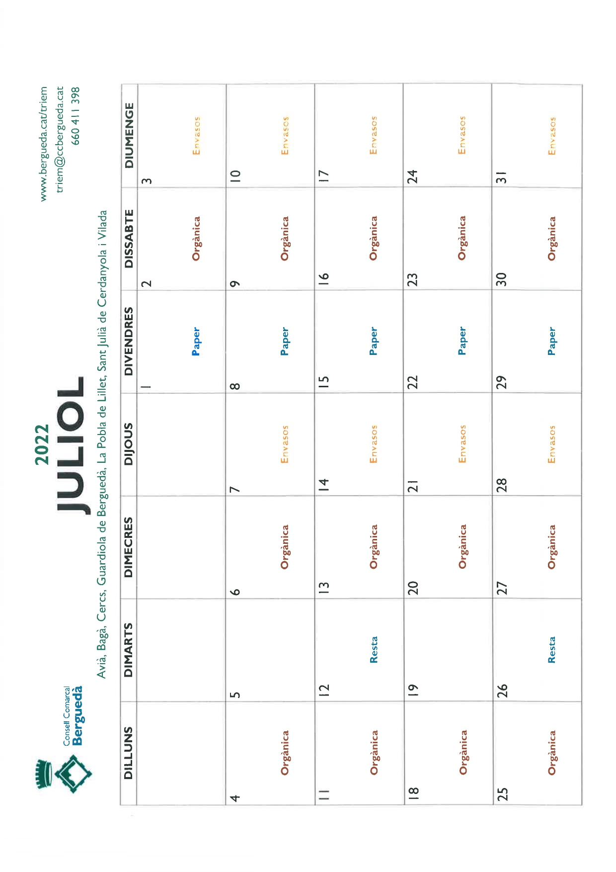 Calendari mes de Juliol 2022
