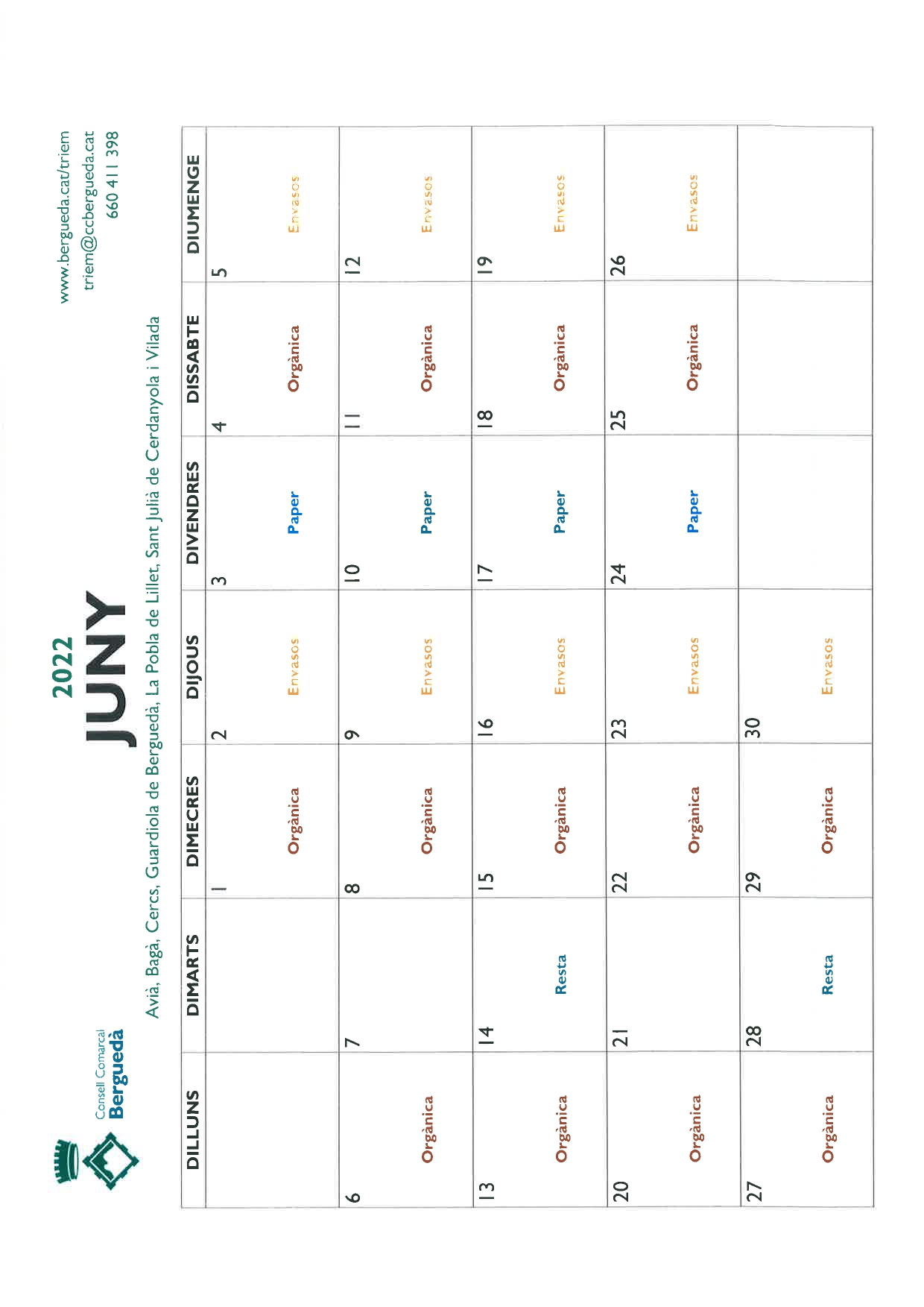 Calendari mes de Juny 2022