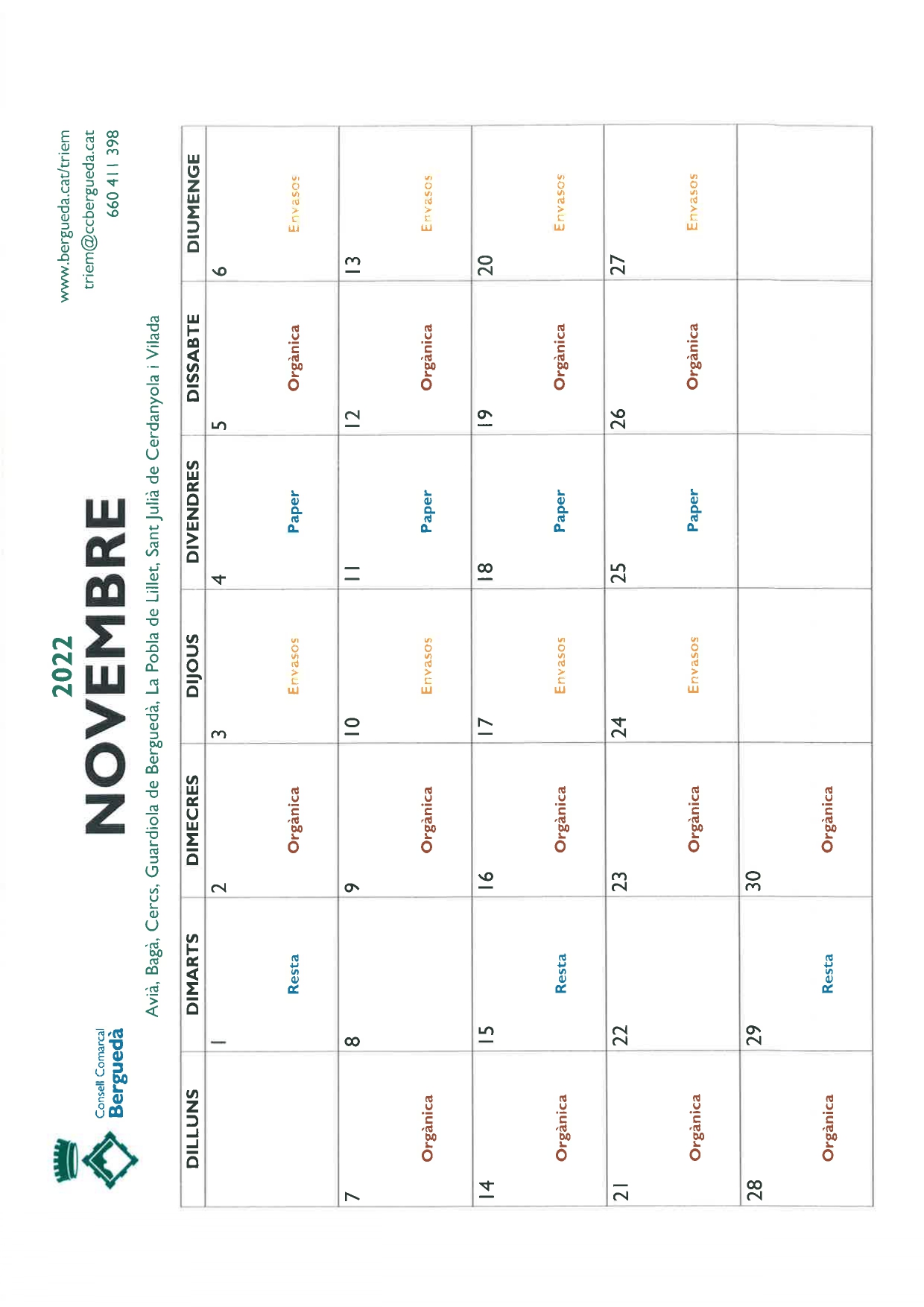 Calendari mes de Novembre 2022