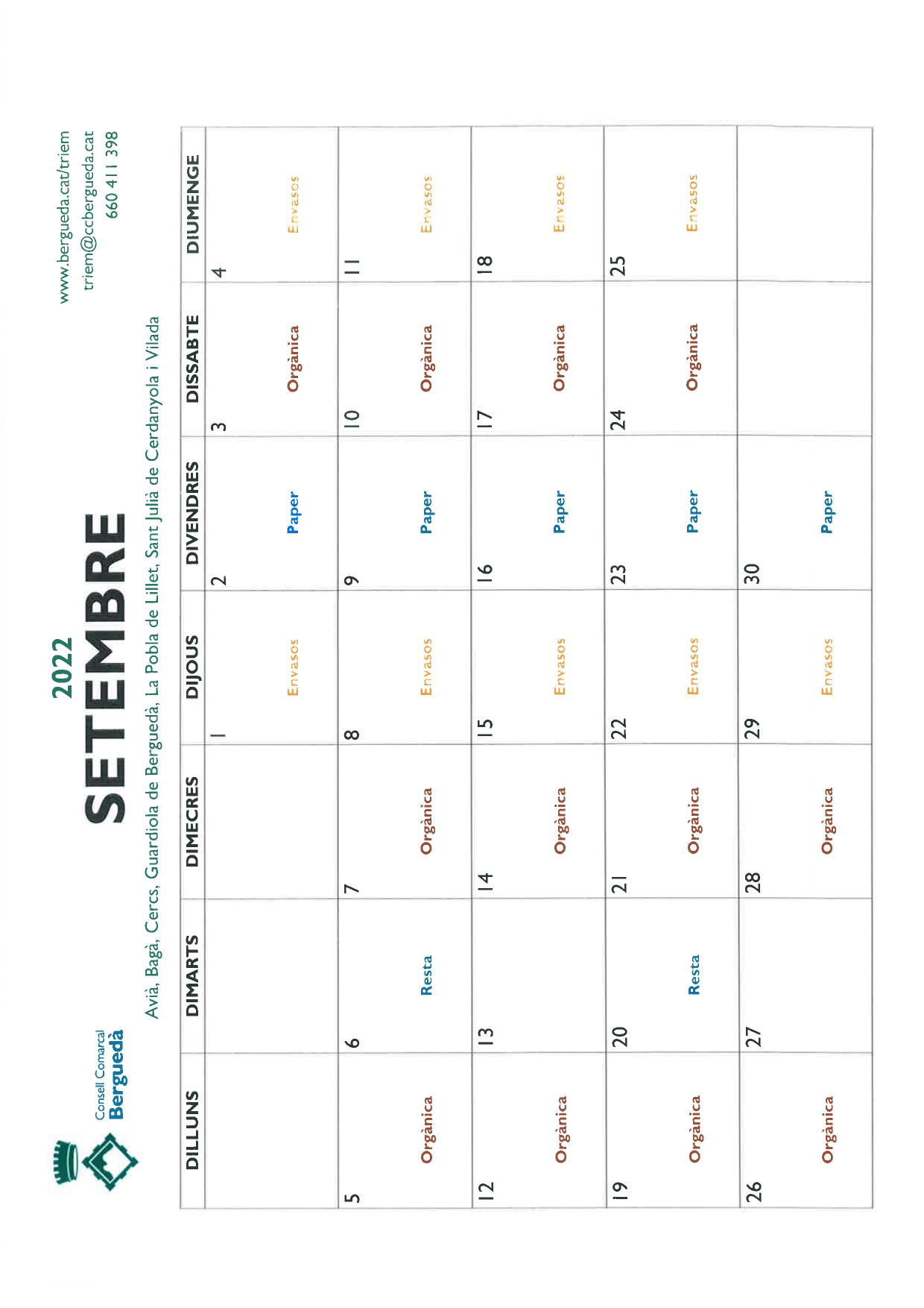 Calendari mes de Setembre 2022