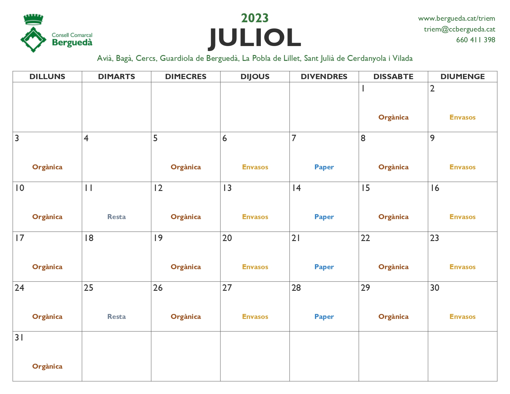 Calendari mes de Juliol 