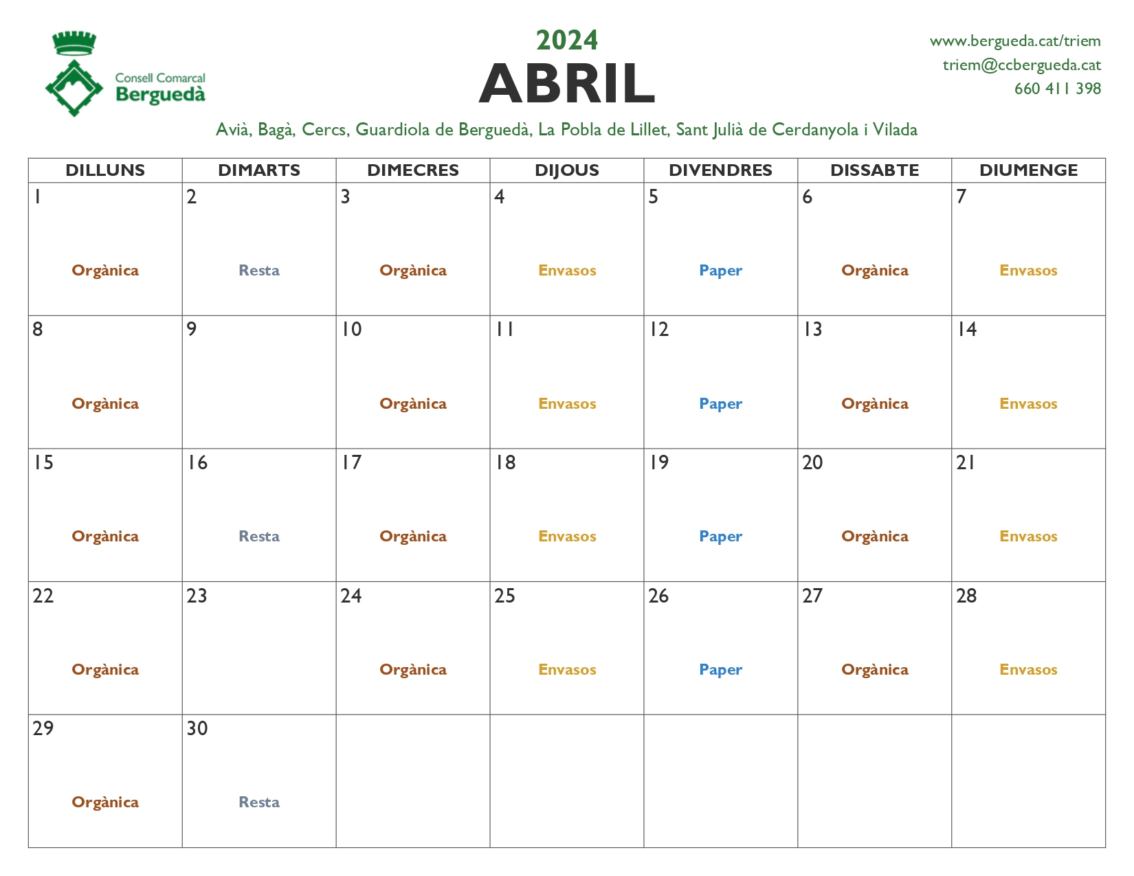 Calendari recollida abril