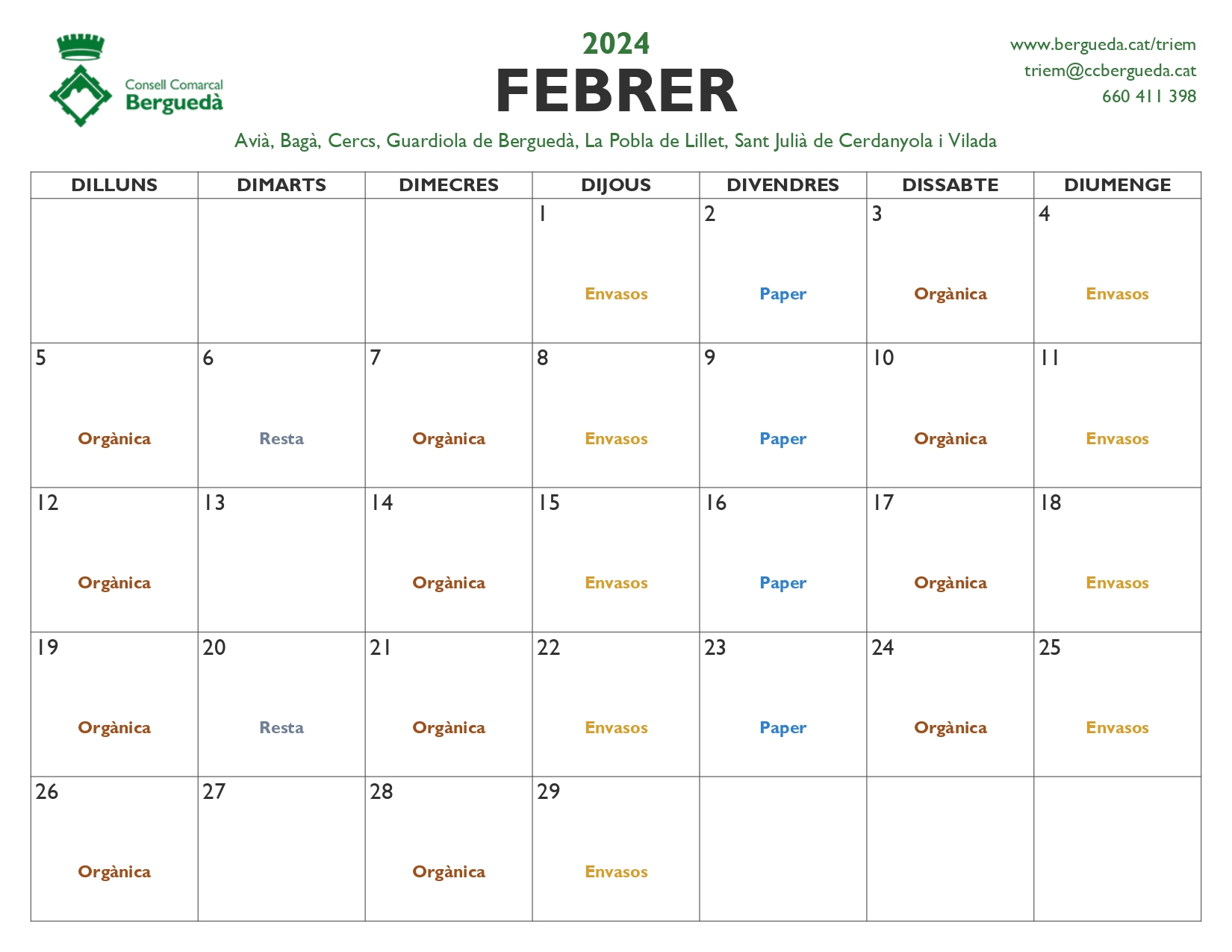 Calendari recollida febrer