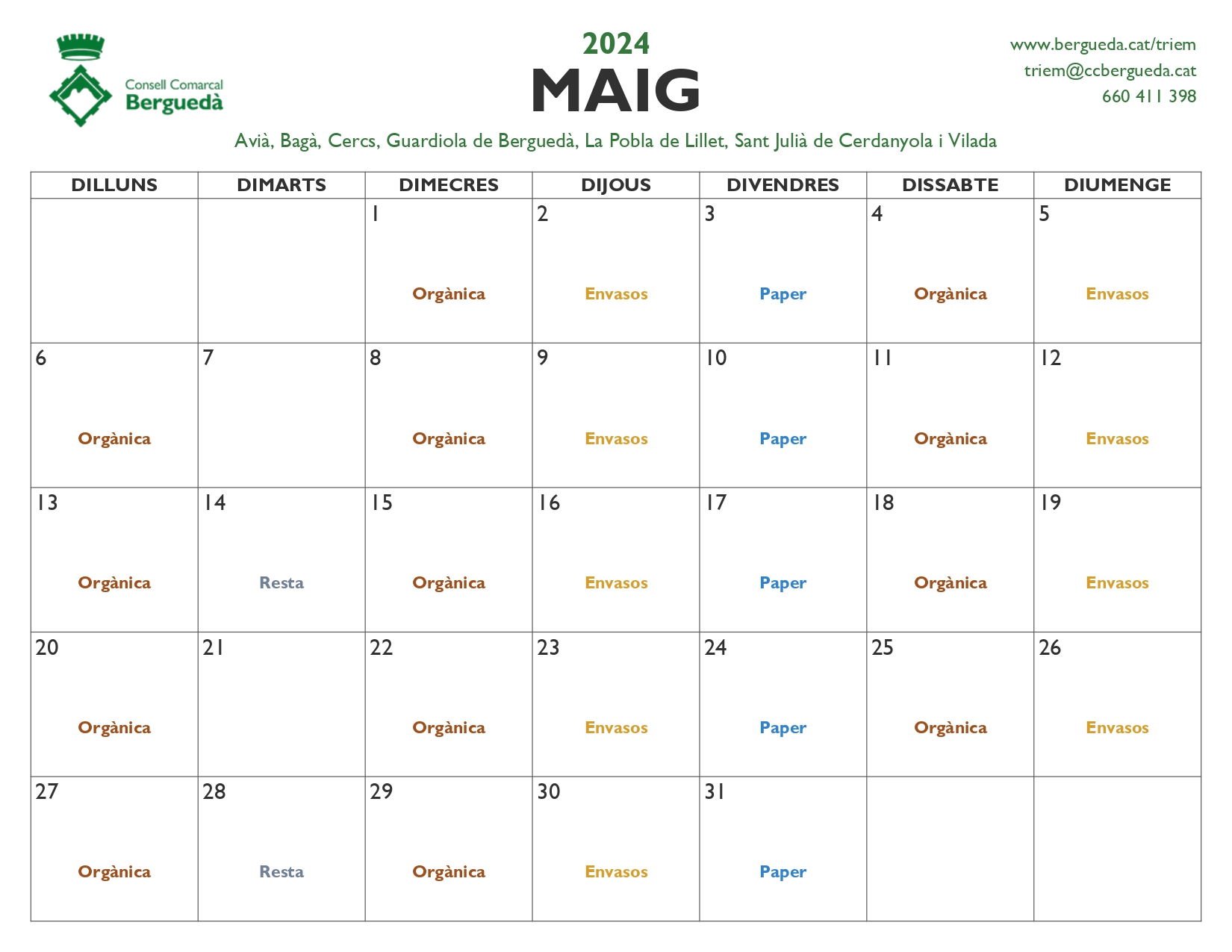 Calendari Recollida Maig