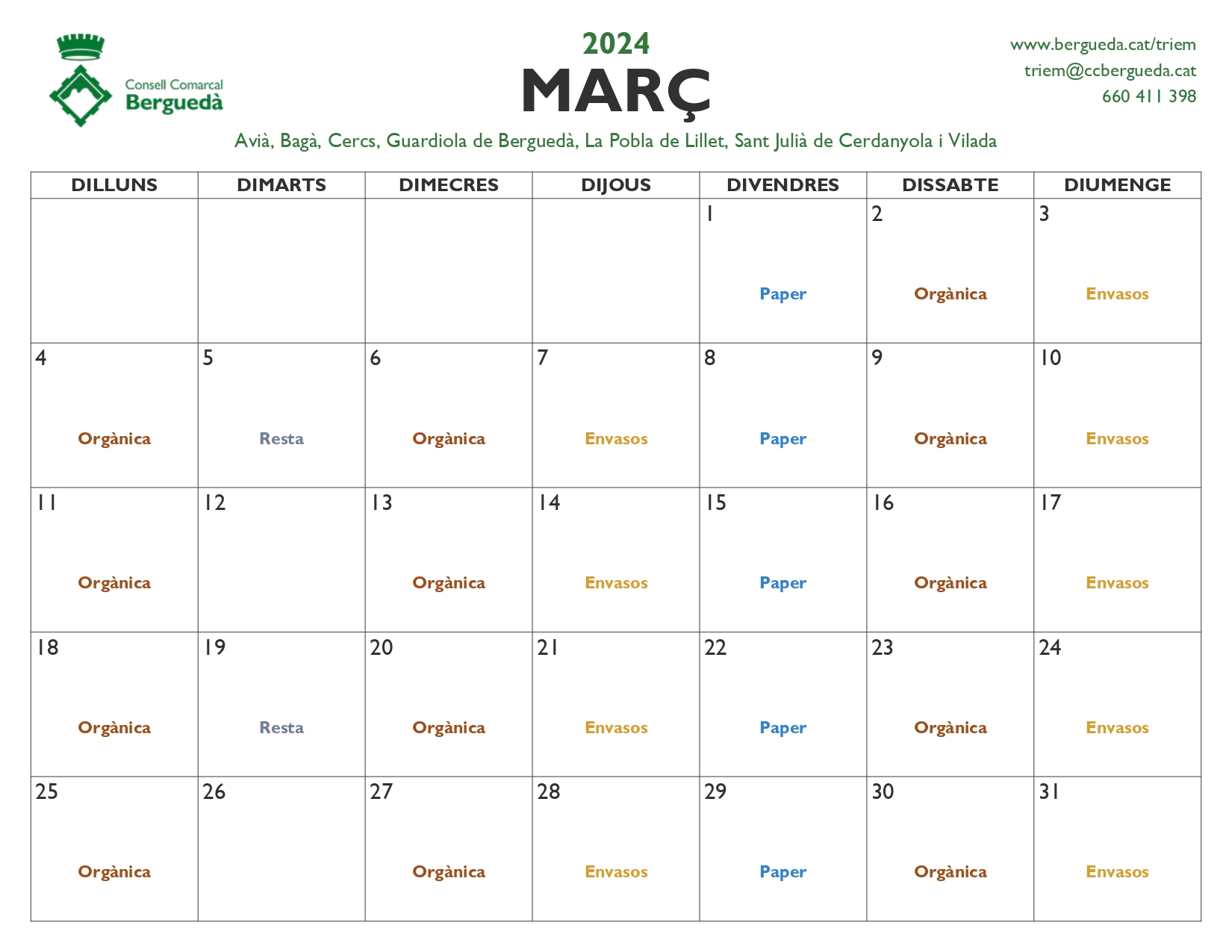 Calendari recollida marÃ§
