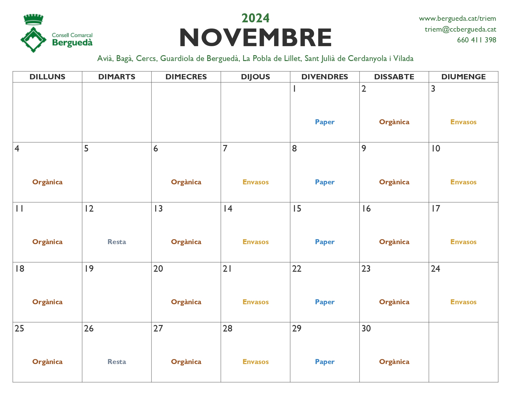 Calendari recollida novembre