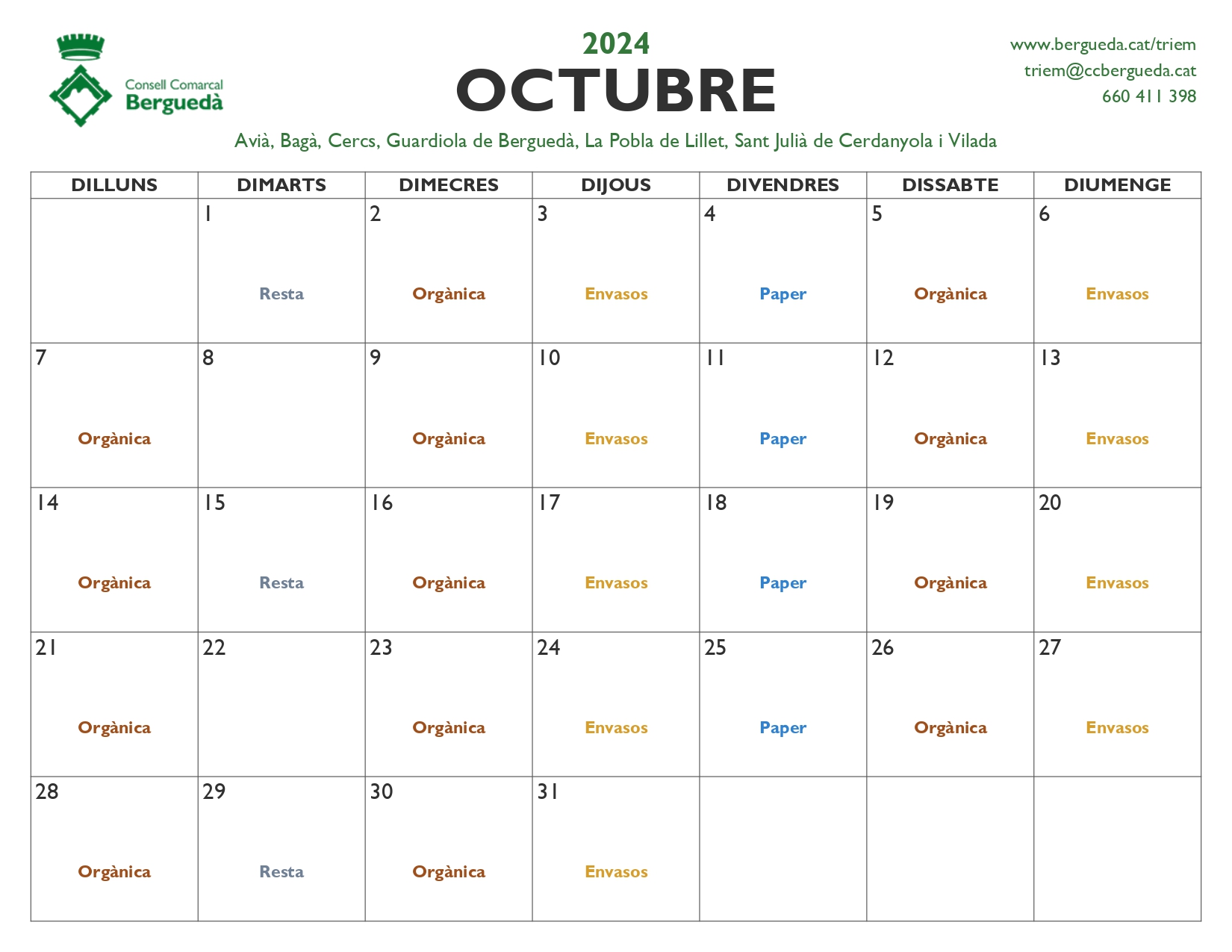 Calendari recollida octubre