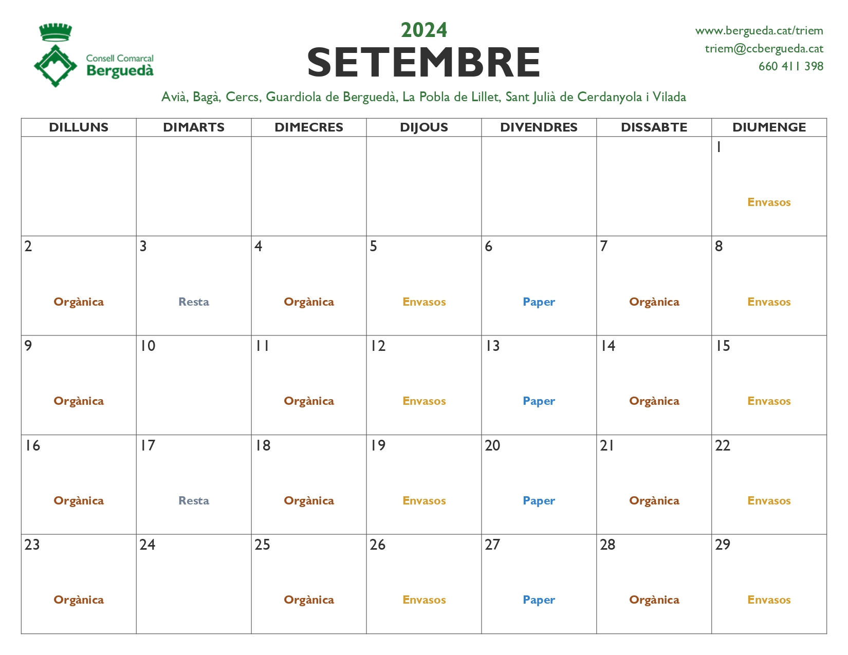Calendari recollida setembre 